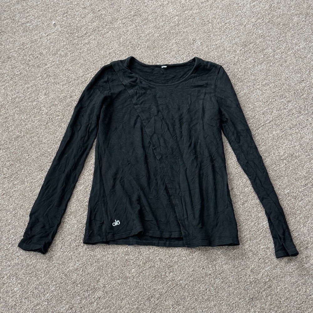 Alo Yoga Womens Long Sleeve Wrap Front‎ Activewear Top Black Size Small